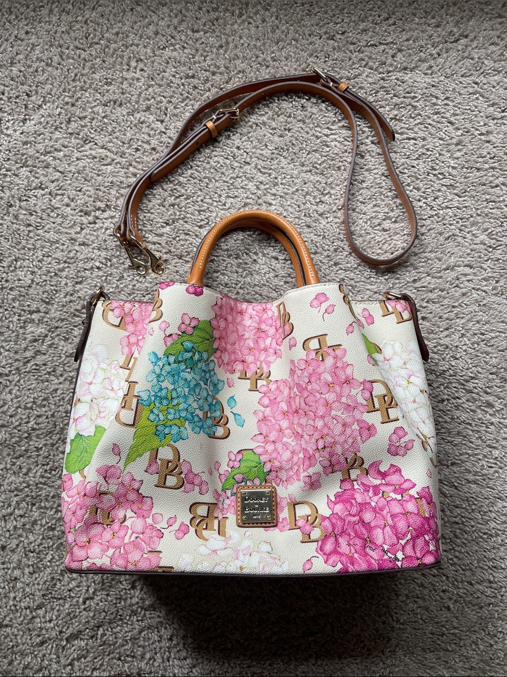 Dooney & Bourke Cream Satchel with Pink and Blue Hydrangeas